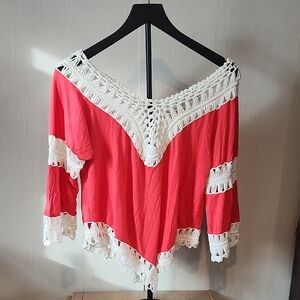Women's Red Crochet Trim Top